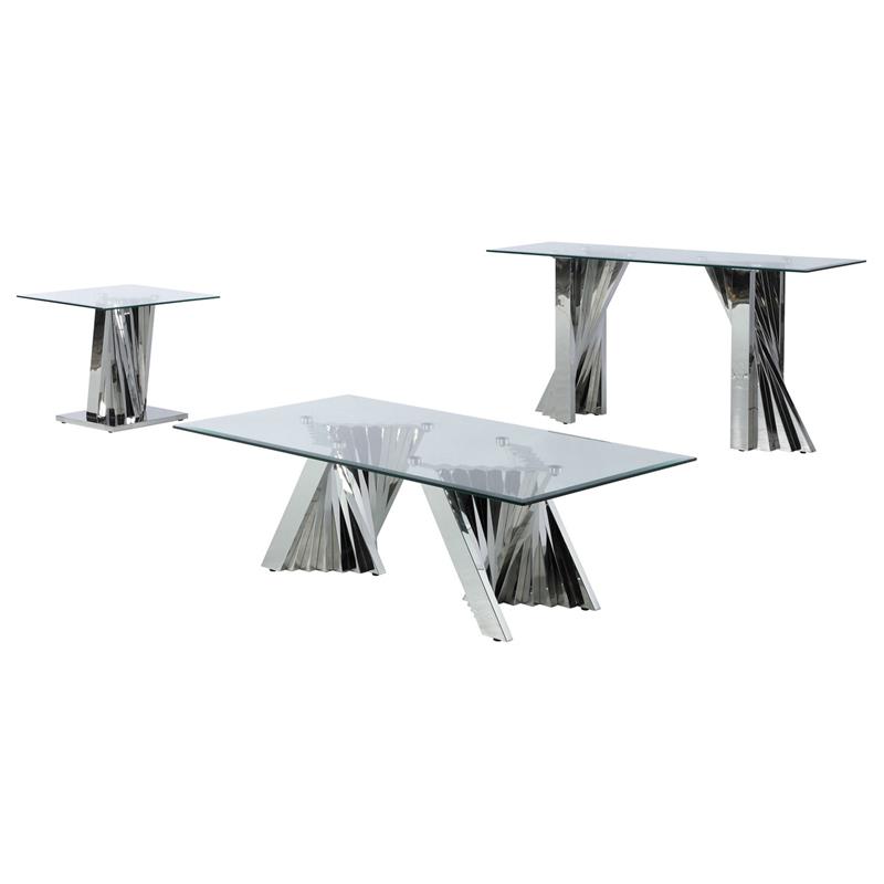 Geometric Clear Glass Coffee + End + Console Set with Silver Stainless Steel