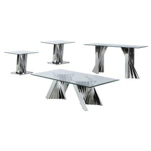 Geometric Clear Glass Coffee + 2 End + Console Set with Silver Stainless Steel