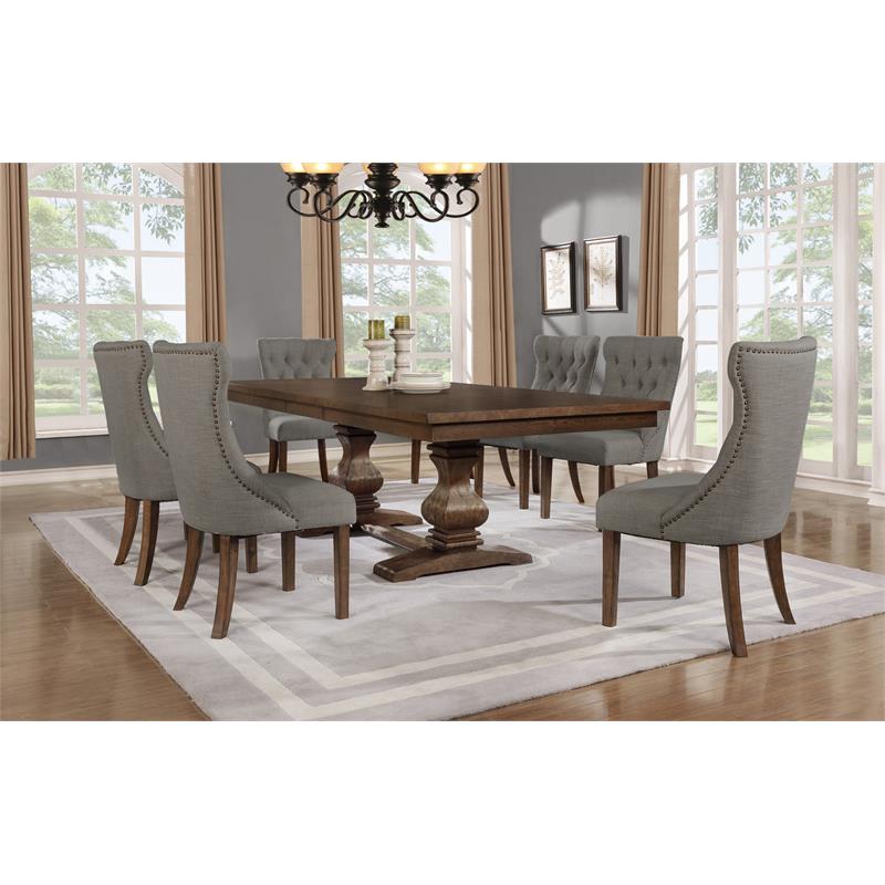 Walnut Wood 7pc Dining Set with Extendable Table and Gray Linen Chairs
