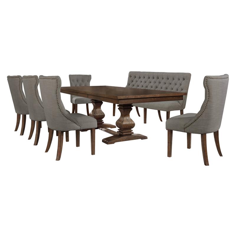 Walnut Wood 7pc Dining Set with Extendable Table and Gray Linen Chairs + Bench
