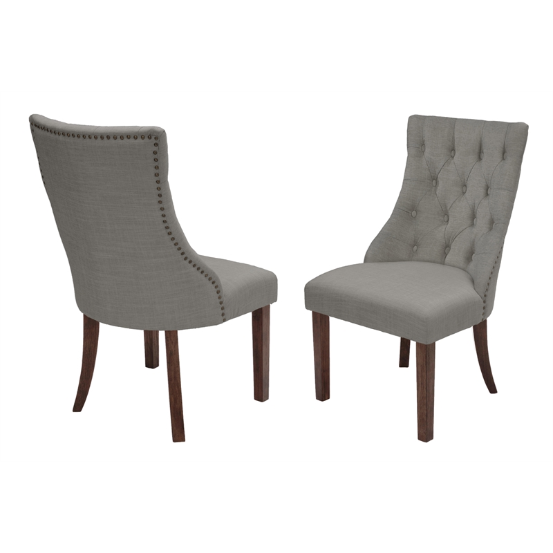 Walnut Wood Dining Chairs with Gray Linen Fabric and Tufted Seats (Set of 2)