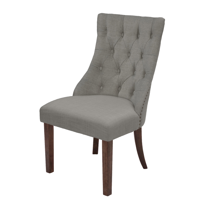 Walnut Wood Dining Chairs with Gray Linen Fabric and Tufted Seats (Set of 2)