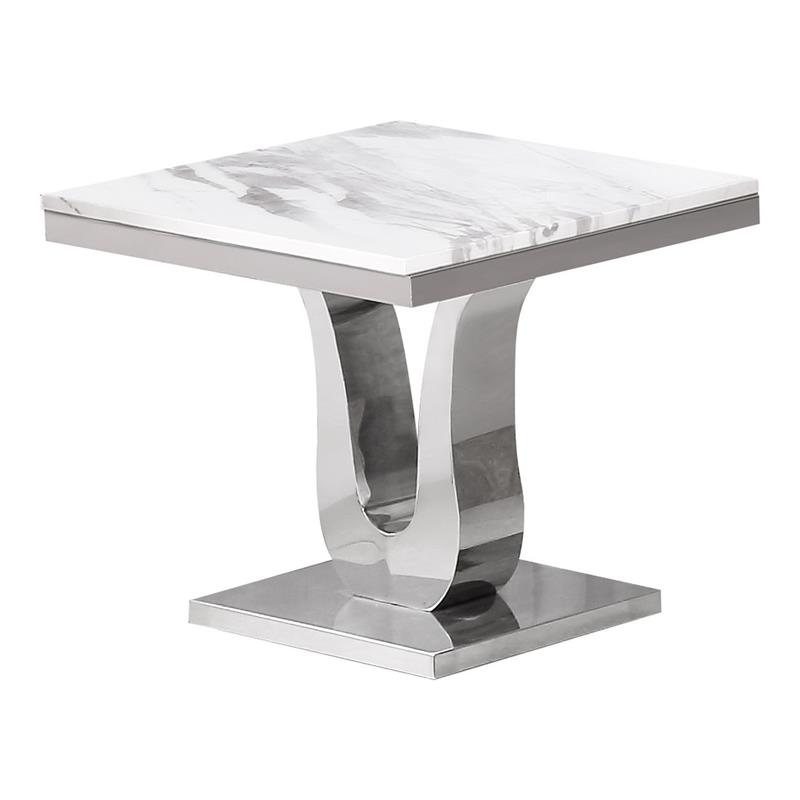 Genuine White Marble 4pc Coffee Table Set with Silver Stainless Steel Base