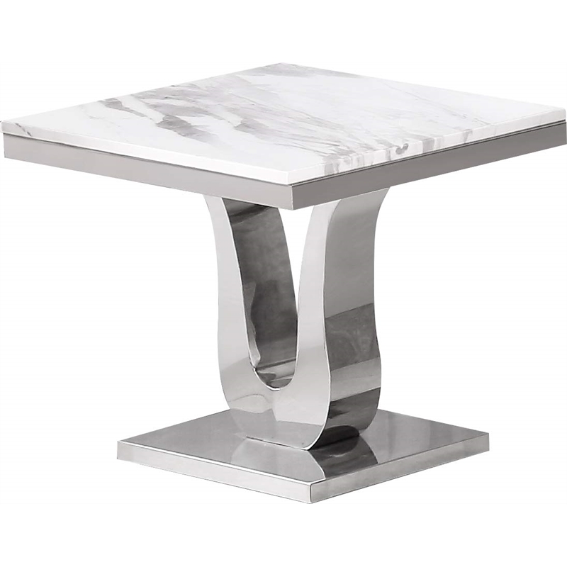 Genuine White Marble End Table with Silver Stainless Steel Base