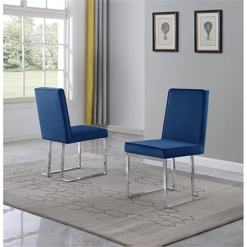 Simplistic Navy Blue Velvet Side Chairs with Silver Chrome Base (Set of 2)