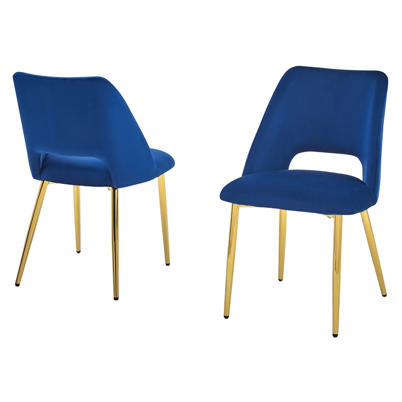 Contemporary Navy Blue Velvet Side Chairs with Gold Chrome Base (Set of 2)