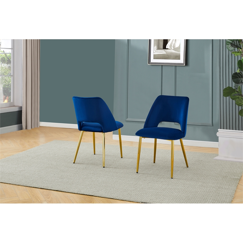 Contemporary Navy Blue Velvet Side Chairs with Gold Chrome Base (Set of 2)