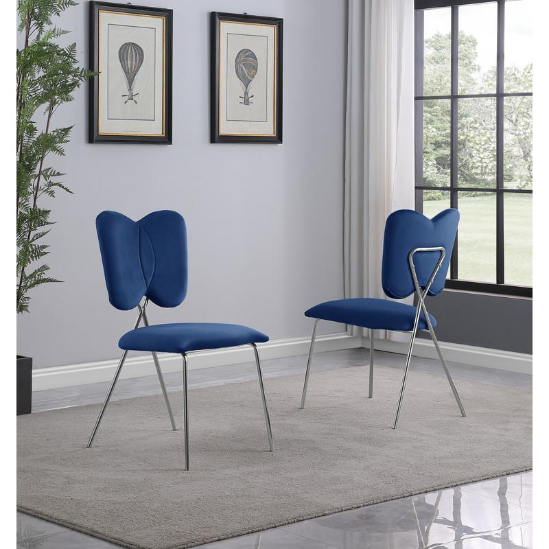 Winged Side Chairs with Navy Blue Velvet and Silver Chrome Base (Set of 4)