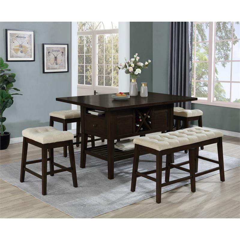 Cappuccino Wood Counterheight Dining Set with Beige Fabric Stools and Bench