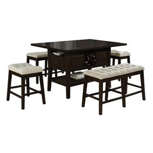 Cappuccino Wood Counterheight Dining Set with Beige Fabric Stools and Bench