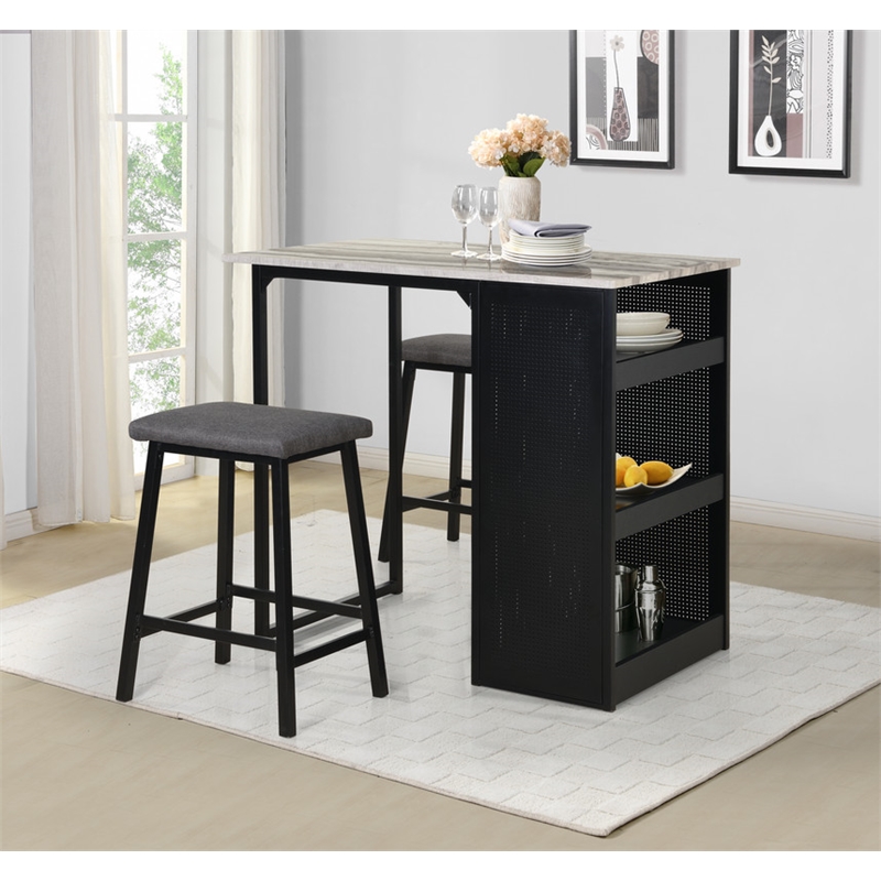 3 Piece Counter Height Faux Marble Dinette Set with Black Iron Metal Frame