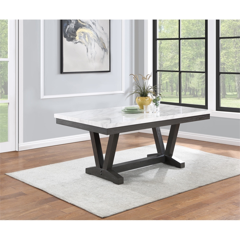 Transitional Weathered Gray Wood Dining Table with Faux Marble Top