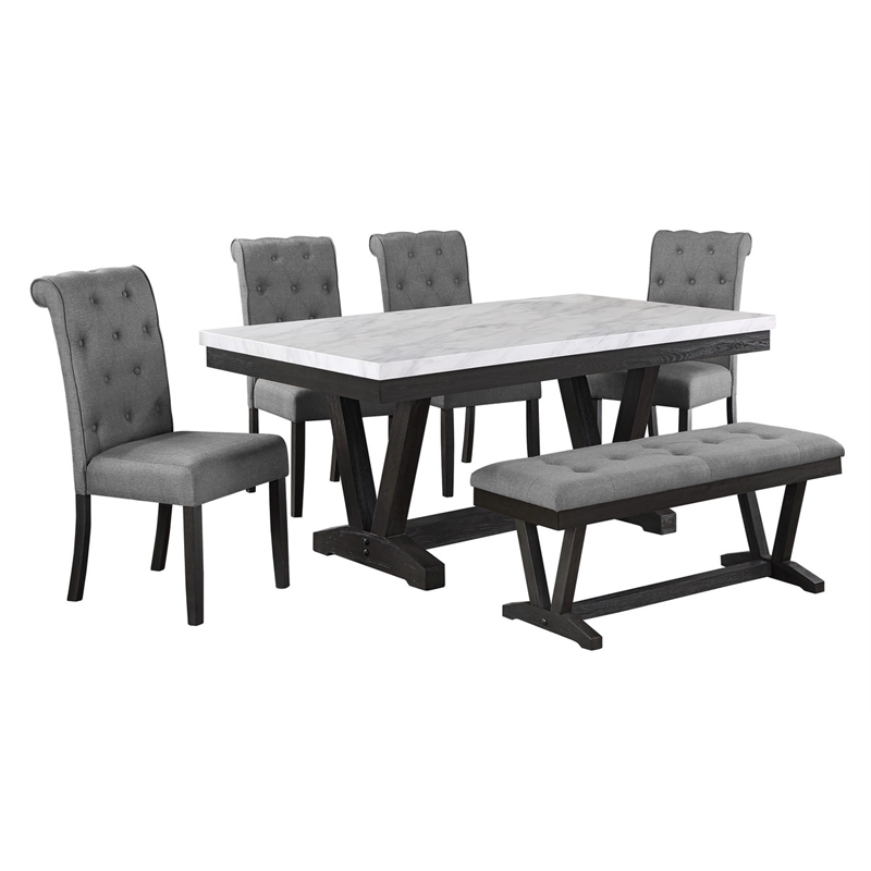 Transitional Weathered Gray Wood Dining Table with Faux Marble Top