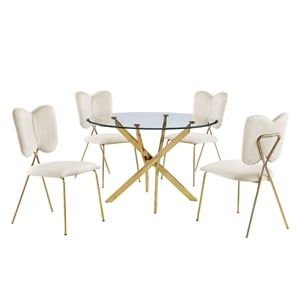 Round 45&quot x 45&quot 5pc Clear Glass Dinette Set with Cream Chairs