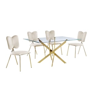 Rectangle 60&quot x 38&quot 5pc Clear Glass Dining Set with Cream Chairs