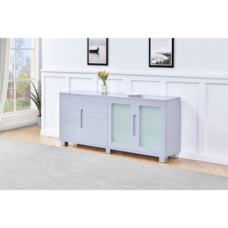 High Gloss Light Gray 4 Door Wood Cabinet Server with Frosted Glass Doors