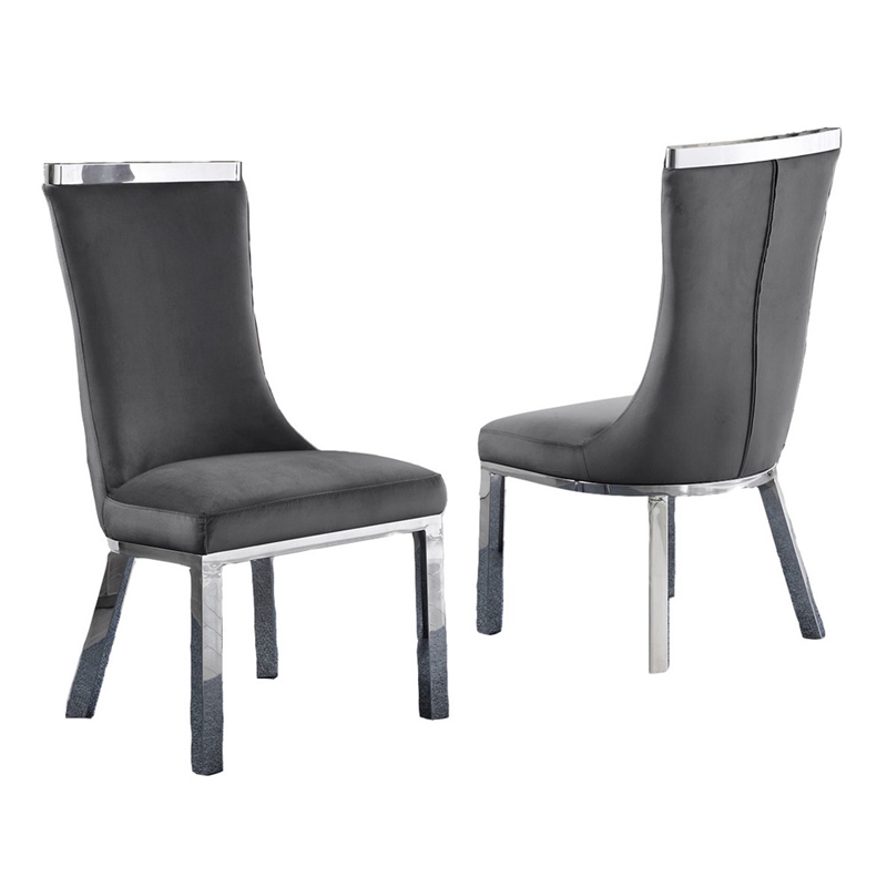 Velvet Upholstered Dining Chairs in Dark Gray with Stainless Steel