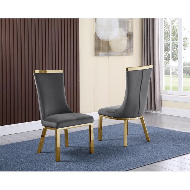 Velvet Upholstered Dining Chairs in Dark Gray with Gold Stainless Steel