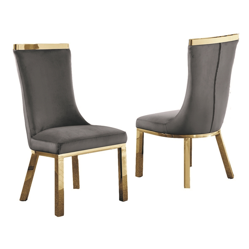 Velvet Upholstered Dining Chairs in Dark Gray with Gold Stainless Steel