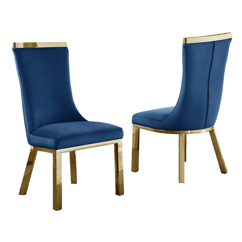 Velvet Upholstered Dining Chairs in Navy Blue with Gold Stainless Steel