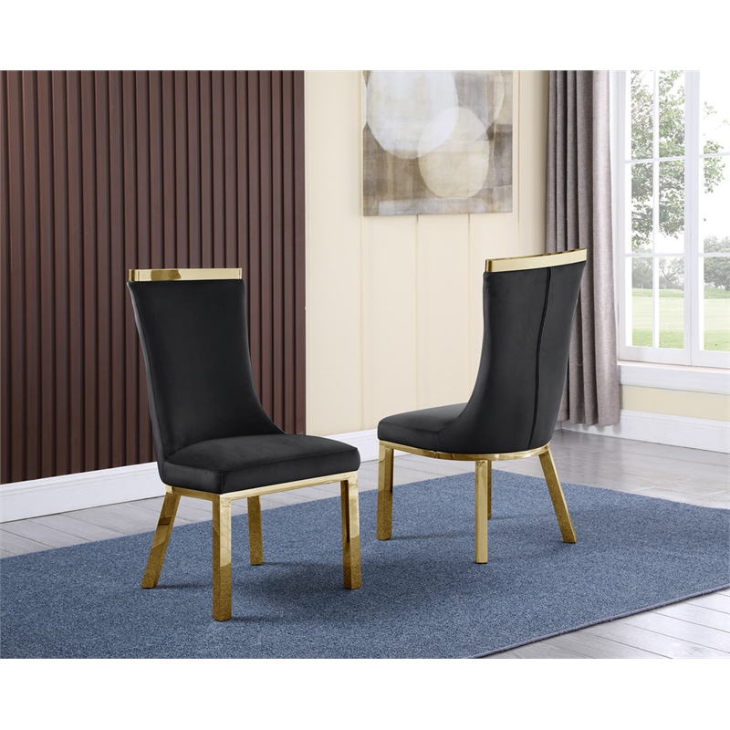 Velvet Upholstered Dining Chairs in Black with Gold Stainless Steel