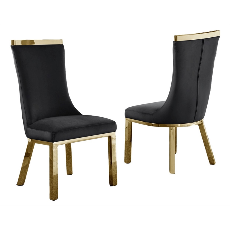 Velvet Upholstered Dining Chairs in Black with Gold Stainless Steel