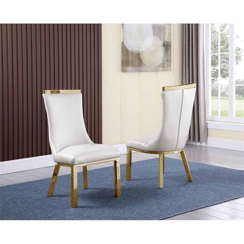 Faux Leather Upholstered Dining Chairs in White with Gold Stainless Steel