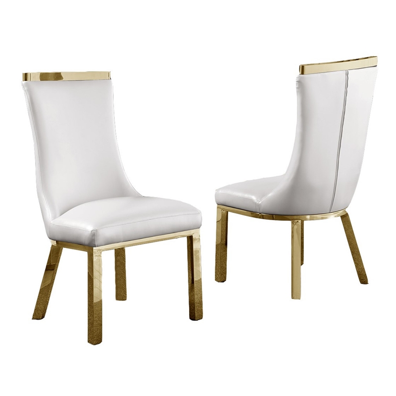 Faux Leather Upholstered Dining Chairs in White with Gold Stainless Steel