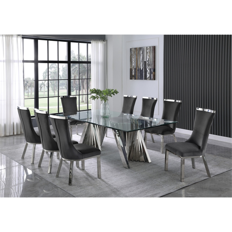 Clear Glass 9pc Dining Set with Silver Stainless Steel and 8 Chairs