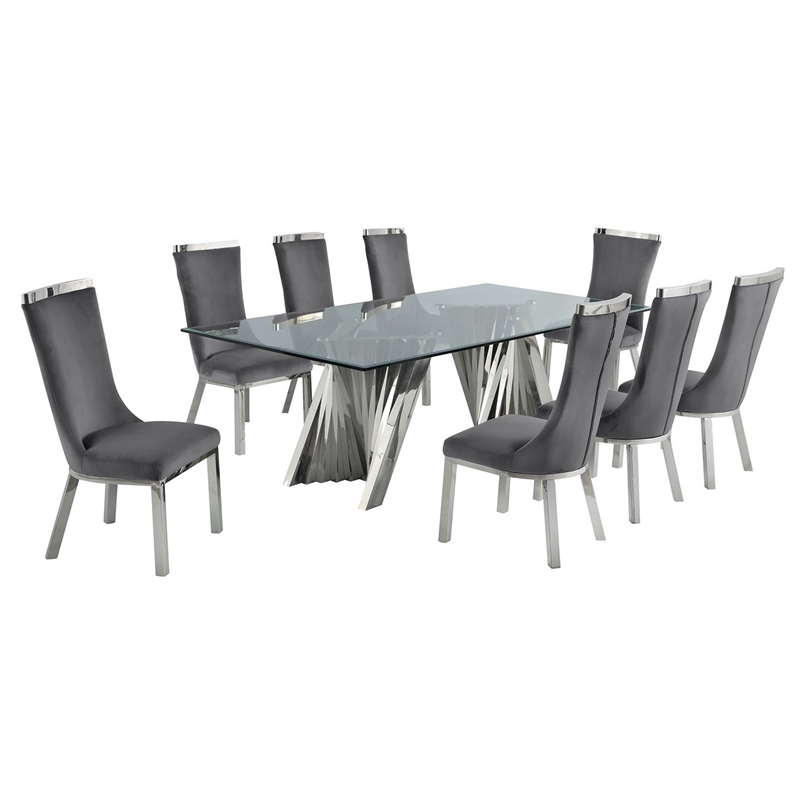 Clear Glass 9pc Dining Set with Silver Stainless Steel and 8 Chairs
