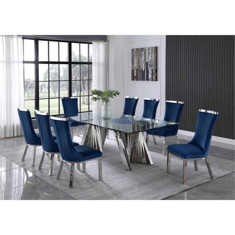 Clear Glass 9pc Dining Set with Silver Stainless Steel and 8 Chairs