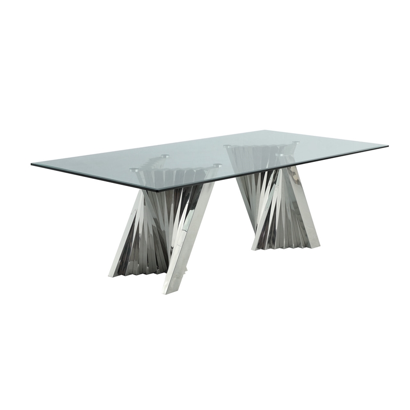 Clear Glass 9pc Dining Set with Silver Stainless Steel and 8 Chairs