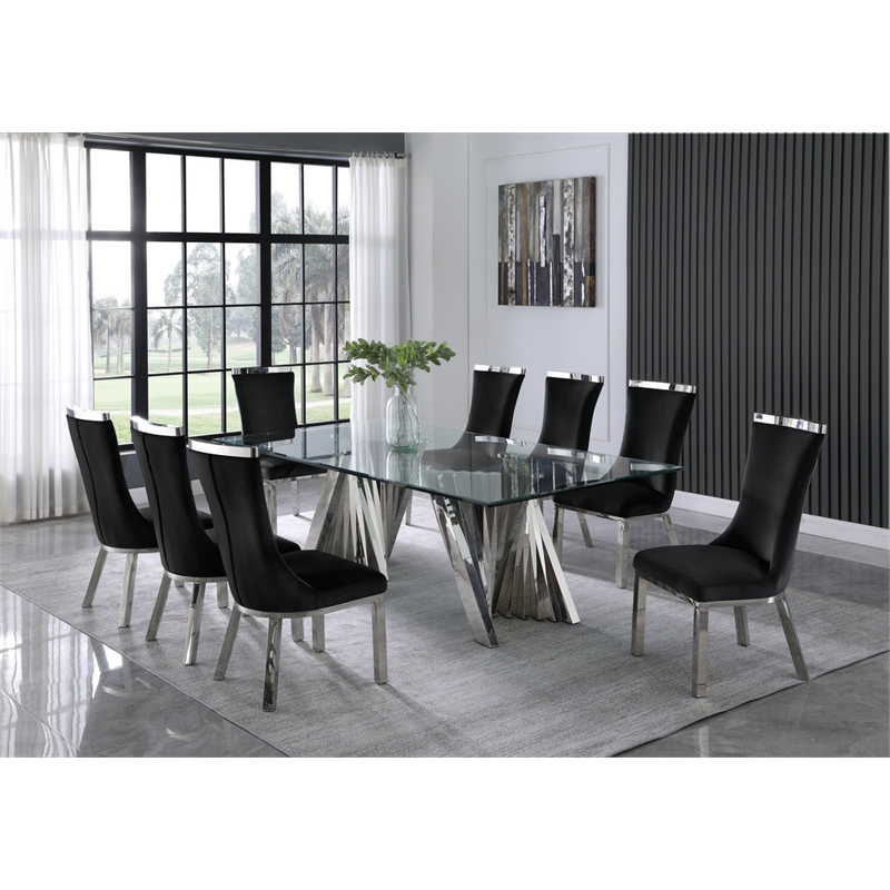 Clear Glass 9pc Dining Set with Silver Stainless Steel and 8 Chairs