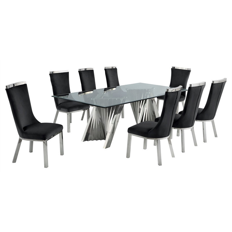 Clear Glass 9pc Dining Set with Silver Stainless Steel and 8 Chairs