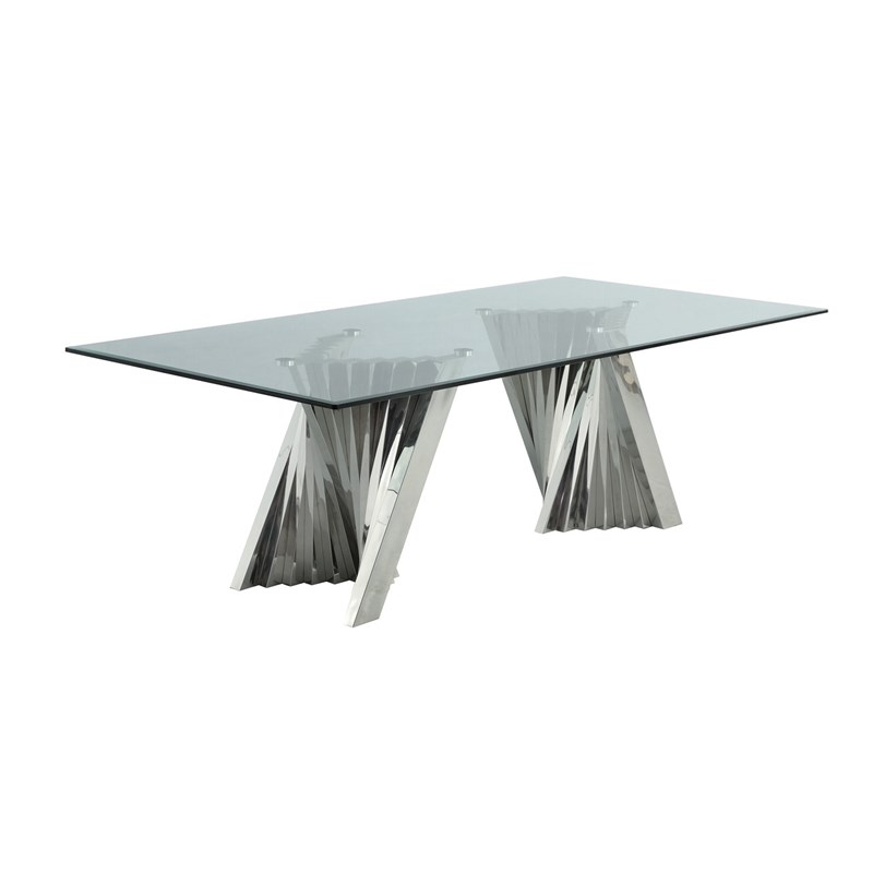 Clear Glass 9pc Dining Set with Silver Stainless Steel and 8 Chairs
