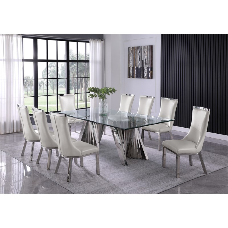 Clear Glass 9pc Dining Set with Silver Stainless Steel and 8 Chairs