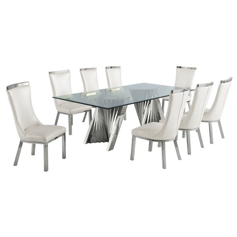 Clear Glass 9pc Dining Set with Silver Stainless Steel and 8 Chairs