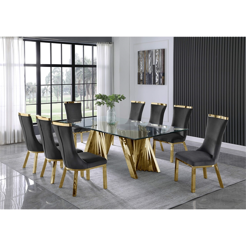 Clear Glass 9pc Dining Set with Gold Stainless Steel and 8 Chairs