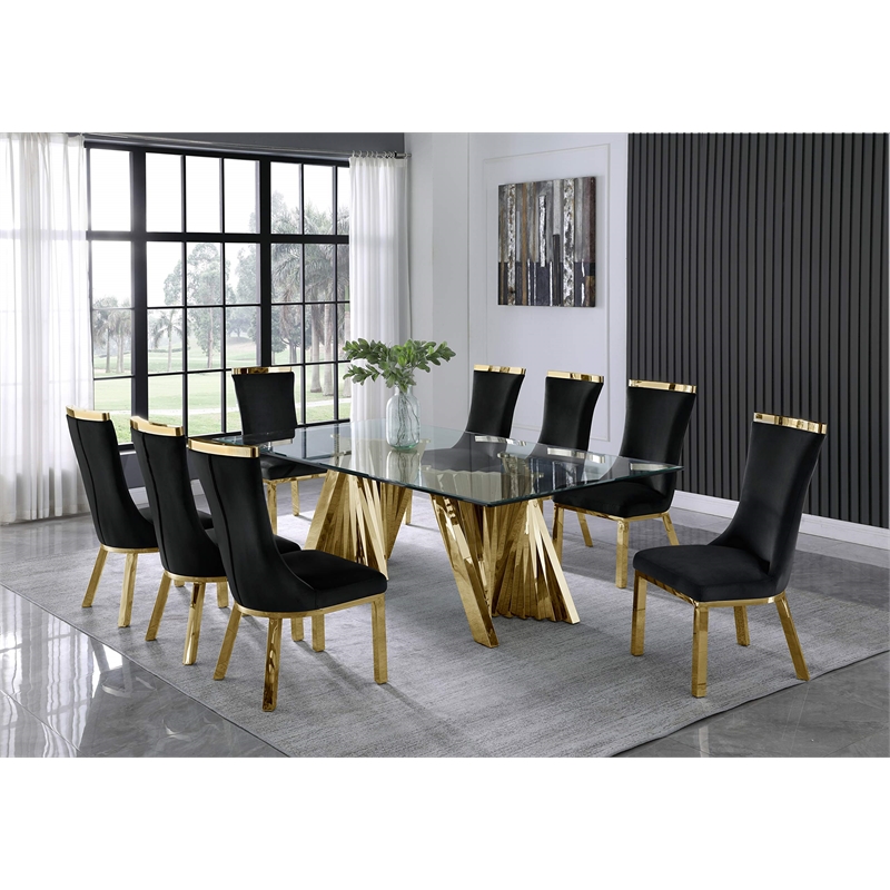 Clear Glass 9pc Dining Set with Gold Stainless Steel and 8 Chairs