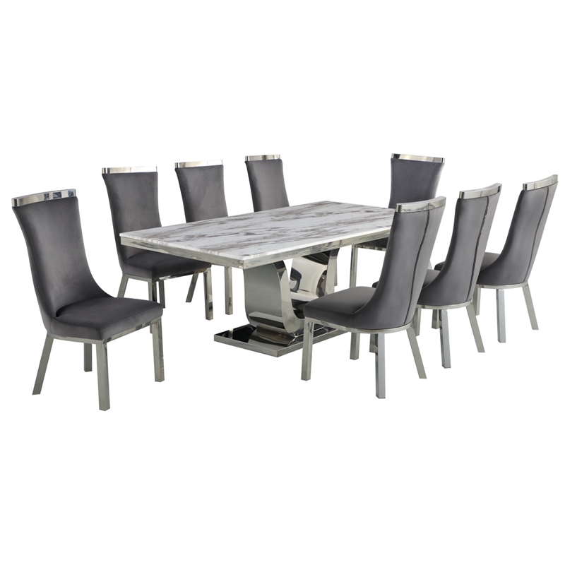 White Marble 9pc Dining Set with Silver Stainless Steel and 8 Chairs
