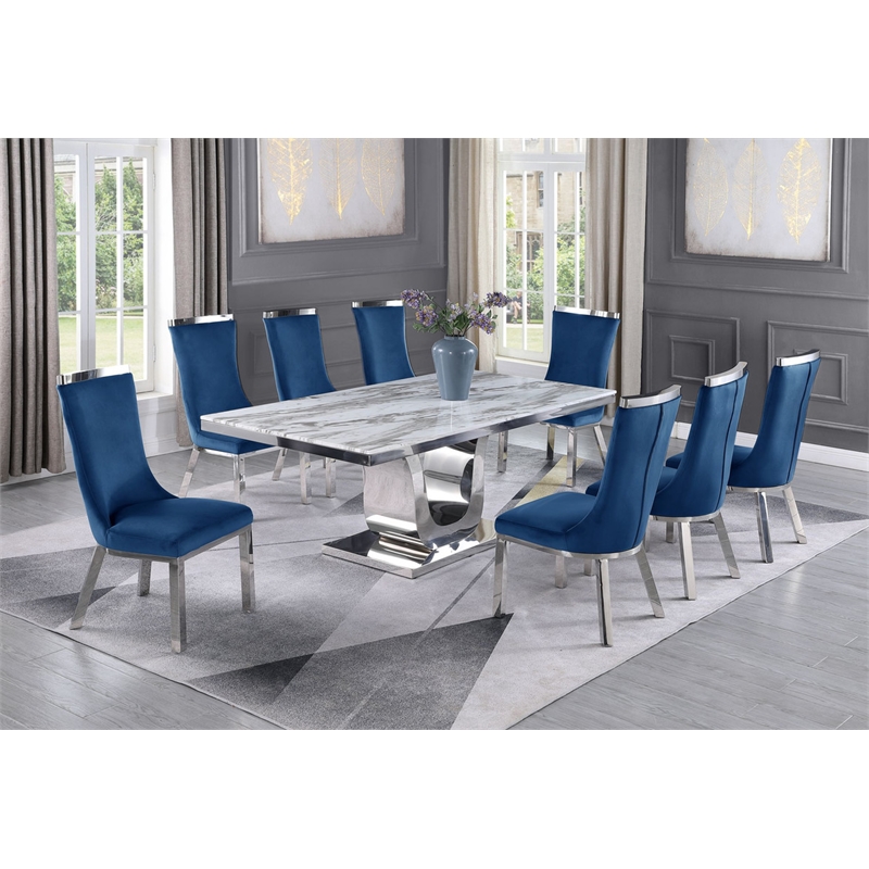 White Marble 9pc Dining Set with Silver Stainless Steel and 8 Chairs
