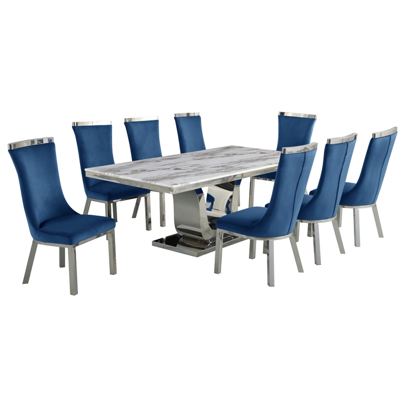 White Marble 9pc Dining Set with Silver Stainless Steel and 8 Chairs
