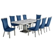 White Marble 9pc Dining Set with Silver Stainless Steel and 8 Chairs