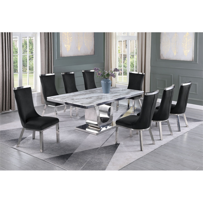 White Marble 9pc Dining Set with Silver Stainless Steel and 8 Chairs
