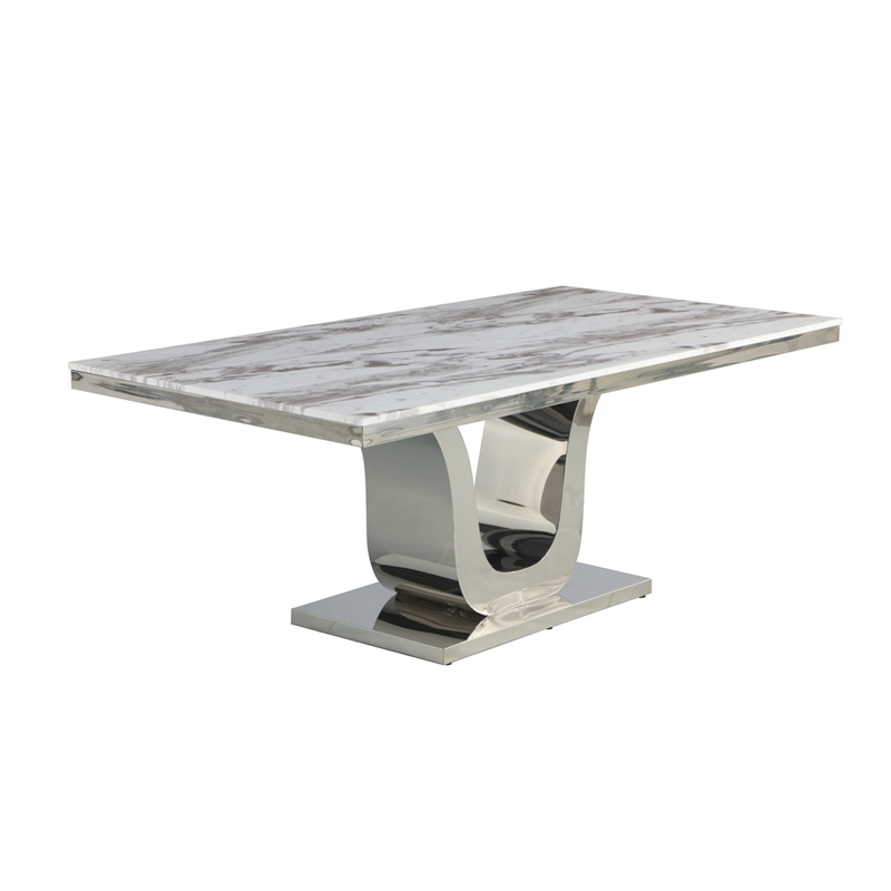 White Marble 9pc Dining Set with Silver Stainless Steel and 8 Chairs