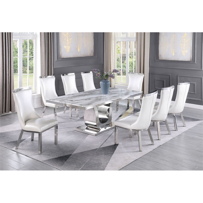White Marble 9pc Dining Set with Silver Stainless Steel and 8 Chairs