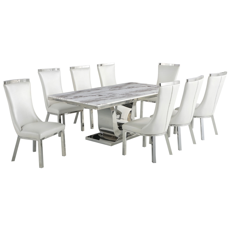 White Marble 9pc Dining Set with Silver Stainless Steel and 8 Chairs