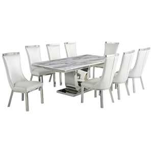 White Marble 9pc Dining Set with Silver Stainless Steel and 8 Chairs