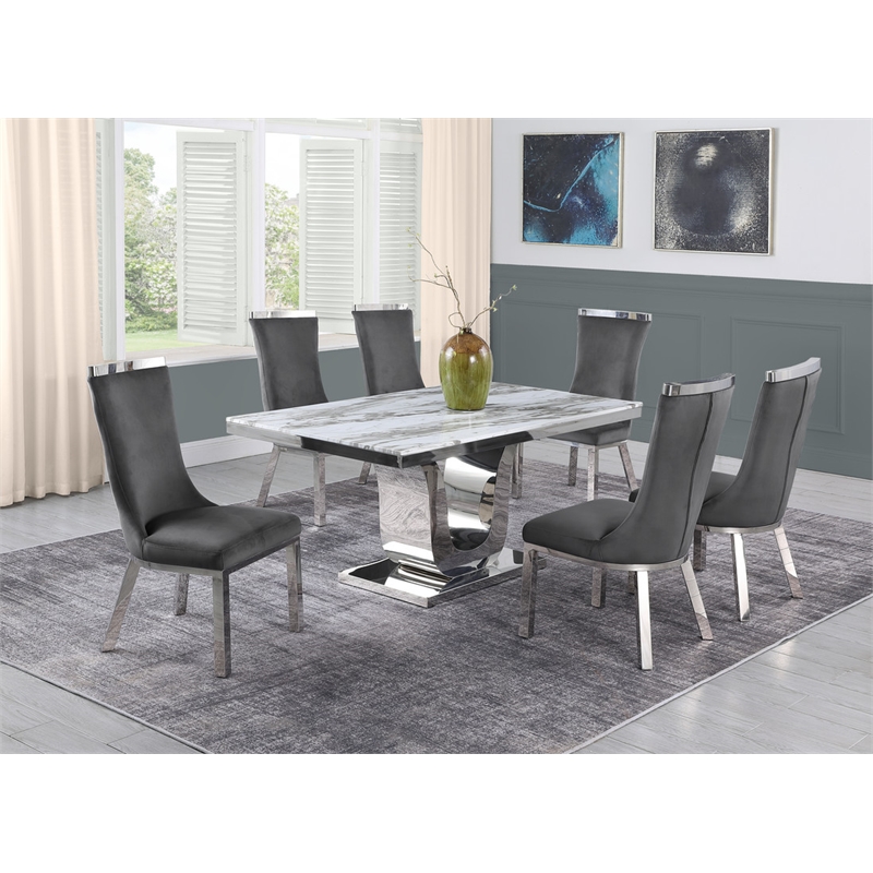 White Marble 7pc Dining Set with Silver Stainless Steel and 6 Chairs
