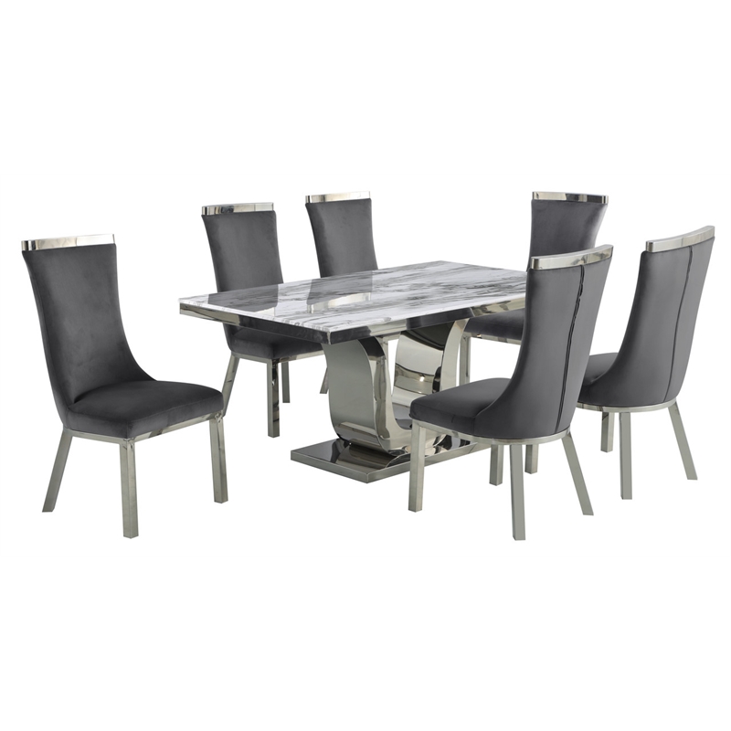 White Marble 7pc Dining Set with Silver Stainless Steel and 6 Chairs